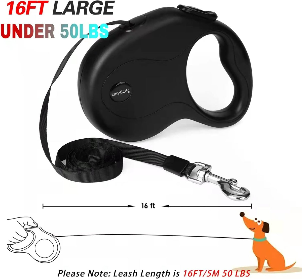 Chrome-plated metal snap hook on retractable dog leash