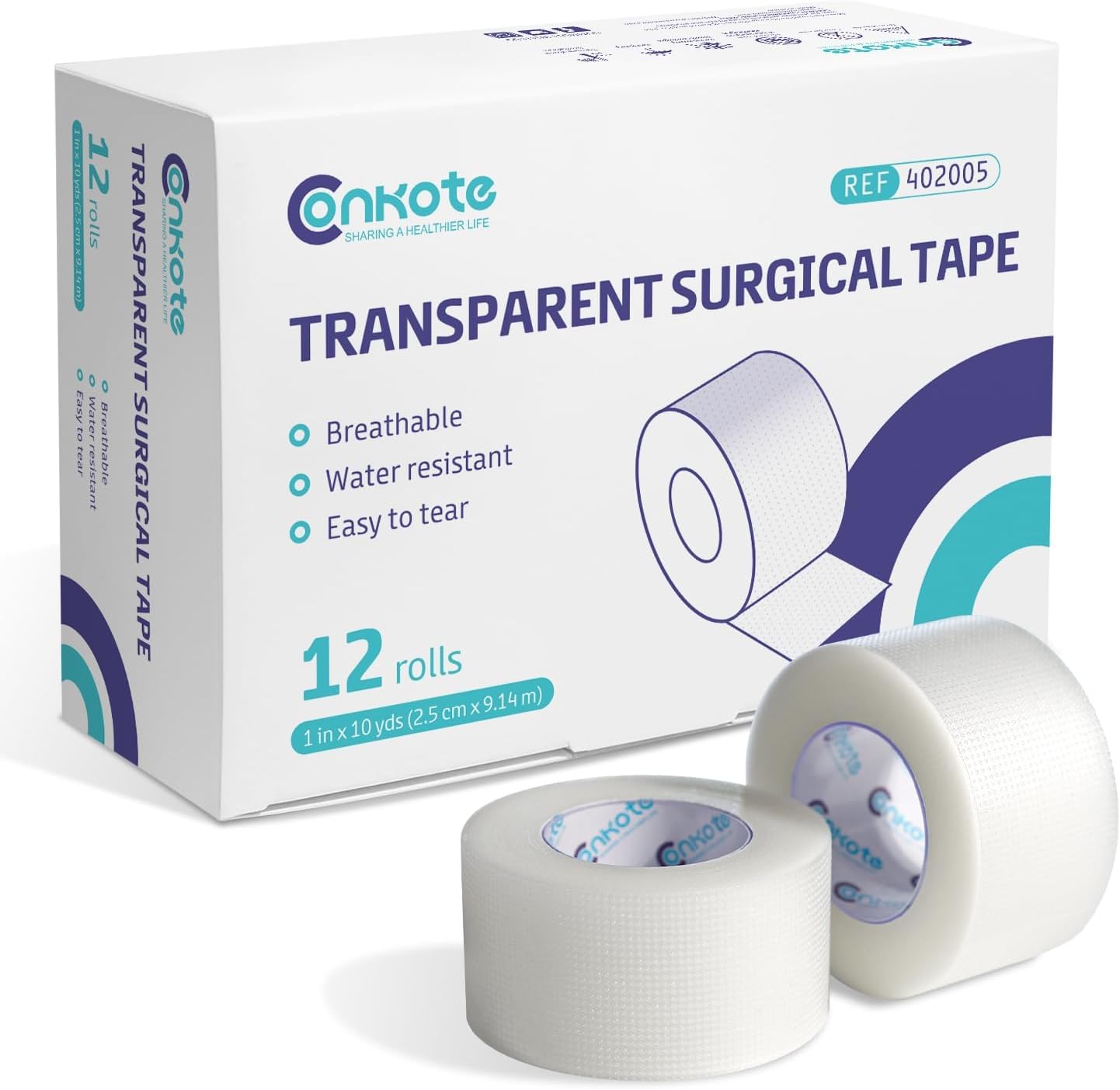 Conkote transparent medical tape 12 rolls front view for surgical wound care.