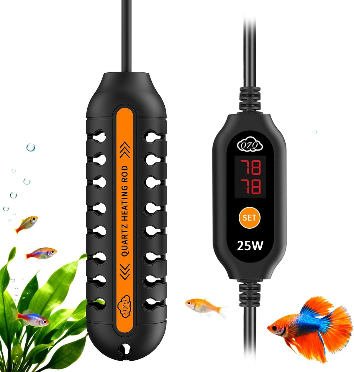 QZQ 25W adjustable aquarium heater with digital display front view