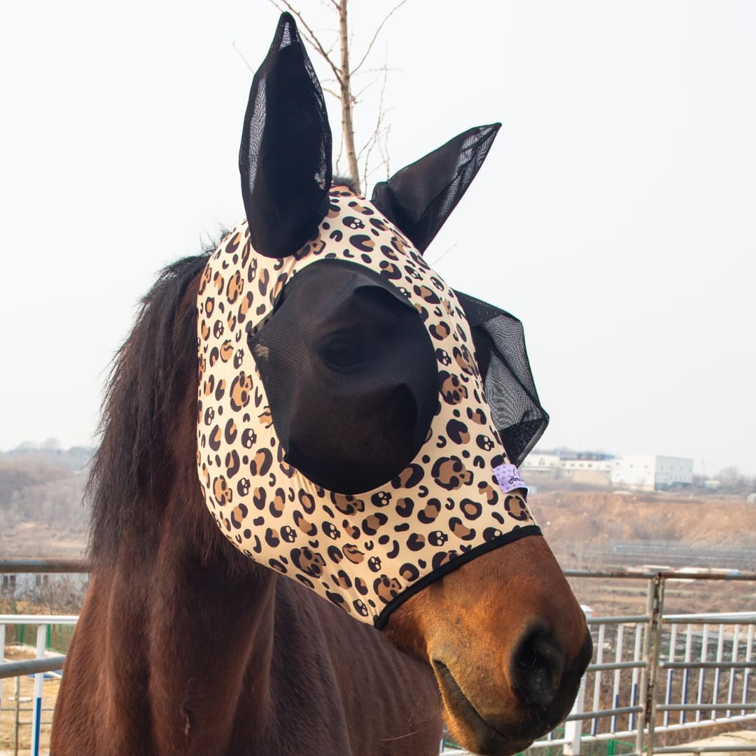Horzmetnex stretchy horse fly mask with ears in leopard print front view