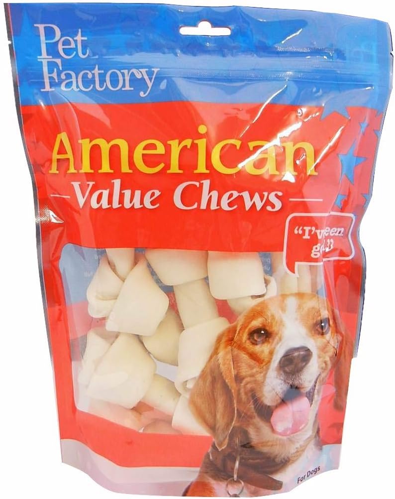 Pet Factory American Beefhide Knotted Bones front view package containing 8 count dog chew treats