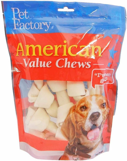 Pet Factory American Beefhide Knotted Bones front view package containing 8 count dog chew treats