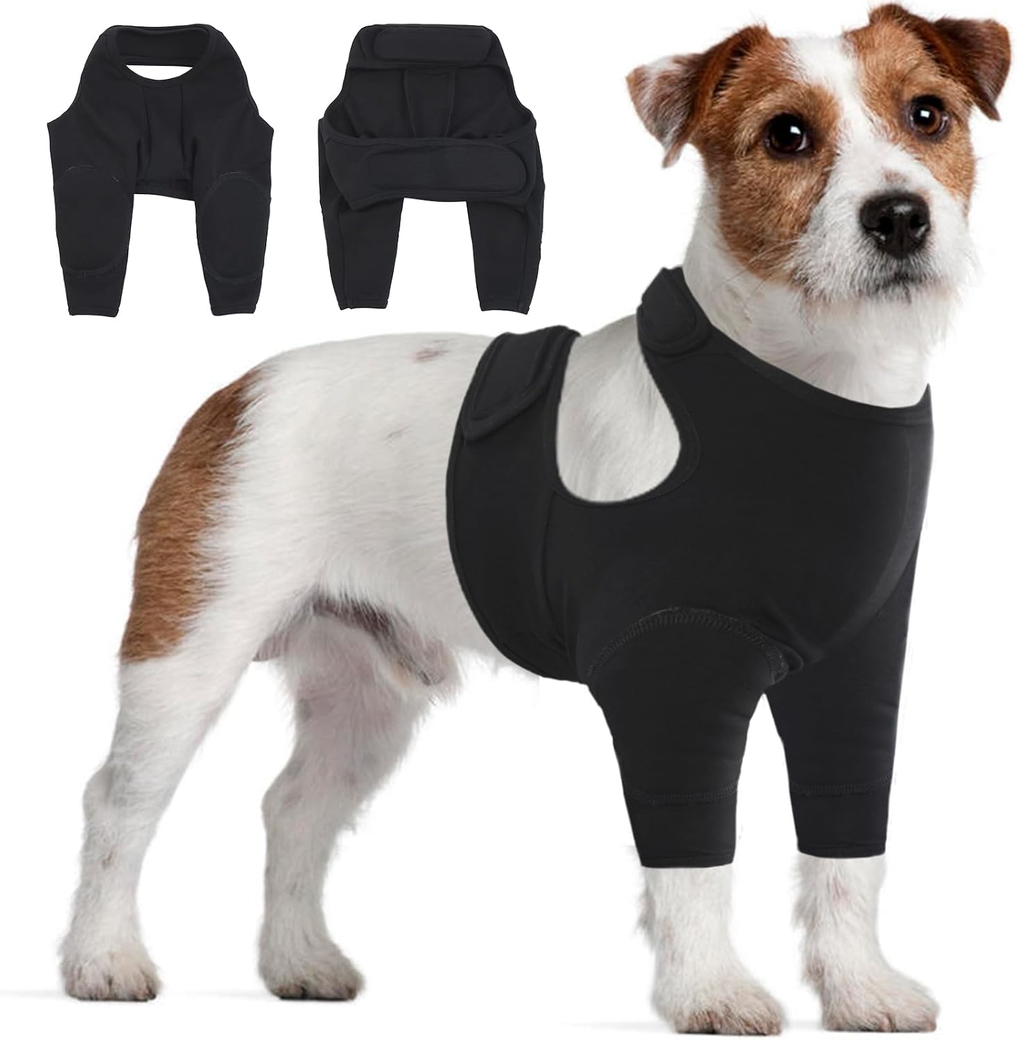 IDOMIK Dog Recovery Suit Front Legs view on a medium black dog