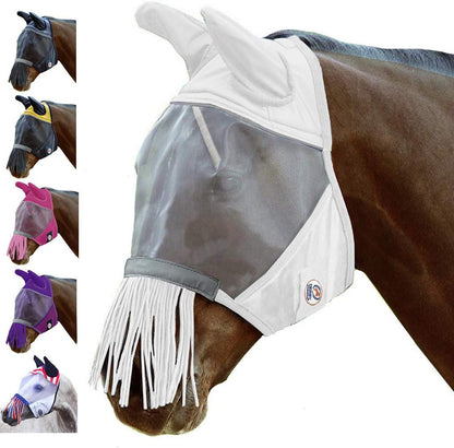 Full size horse wearing premium patriotic fly mask in pasture