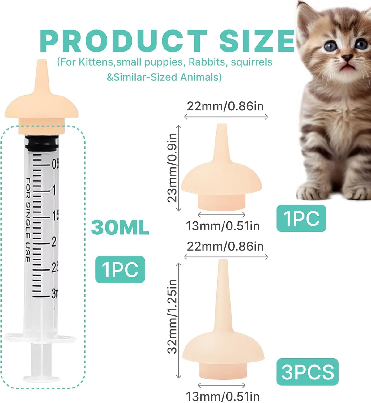 Close up view of the long and short silicone miracle nipples included in the ZingFsh small animal feeding set