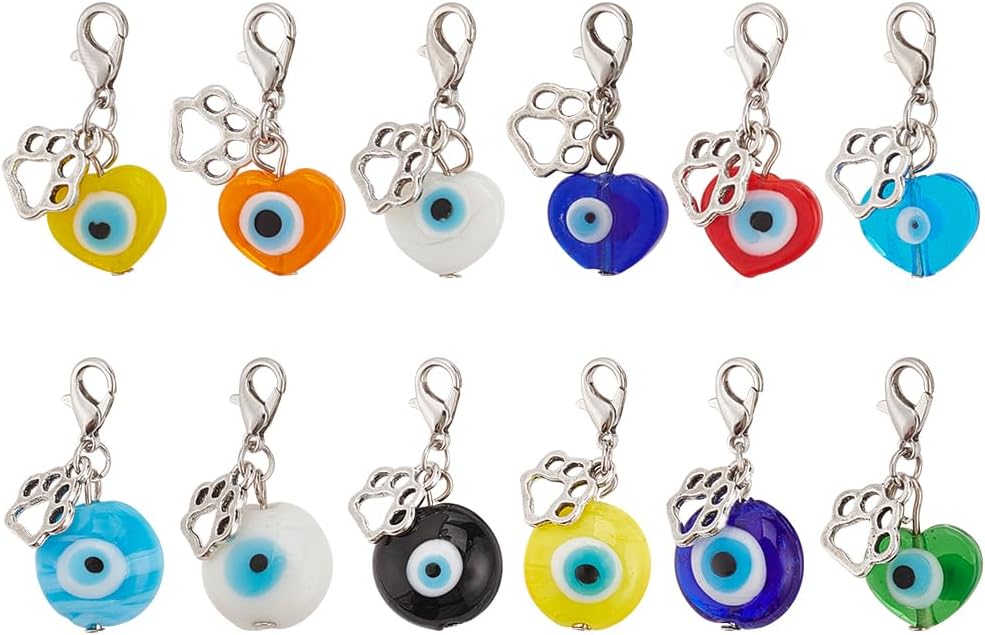 DELORIGIN evil eye pet collar pendants front view displayed in a full twelve count assortment package for cat and dog fashion.