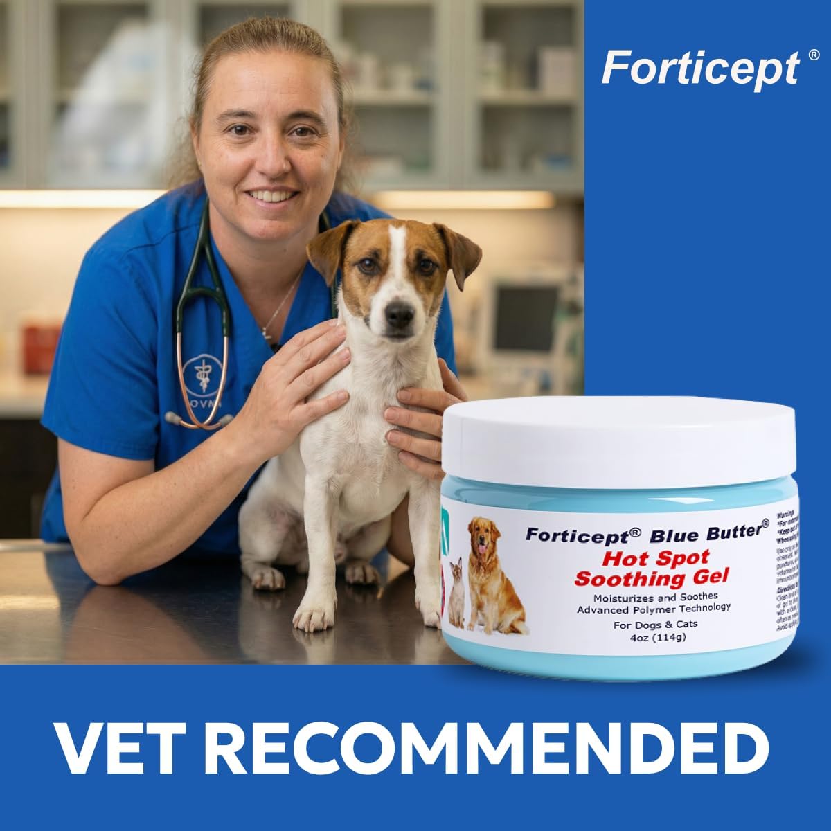 Forticept Blue Butter veterinary strength antimicrobial skin gel bottle