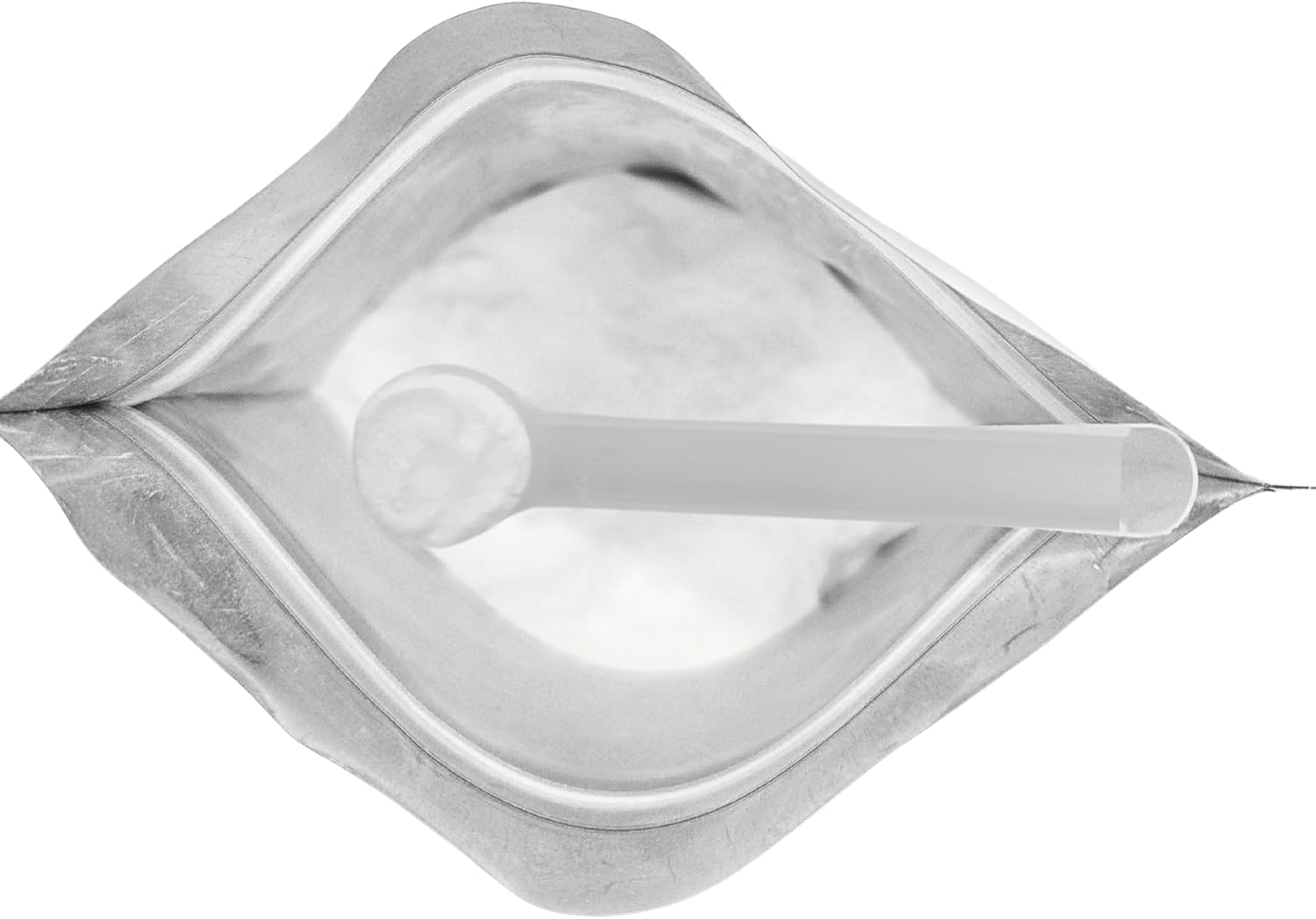 Close-up of Puravita unscented taurine powder showing the fine texture and included plastic measuring scoop.