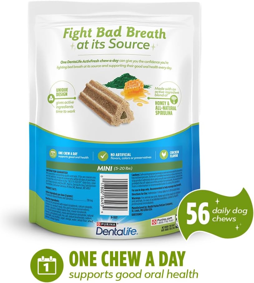 Purina dental treats packaging highlighting the five to twenty pounds weight recommendation.