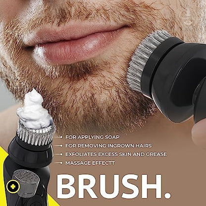 MANECODE waterproof rotary razor being rinsed under running tap water to demonstrate the easy cleaning process