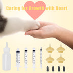 Side profile of the transparent pet feeding bottle and replacement nipples.