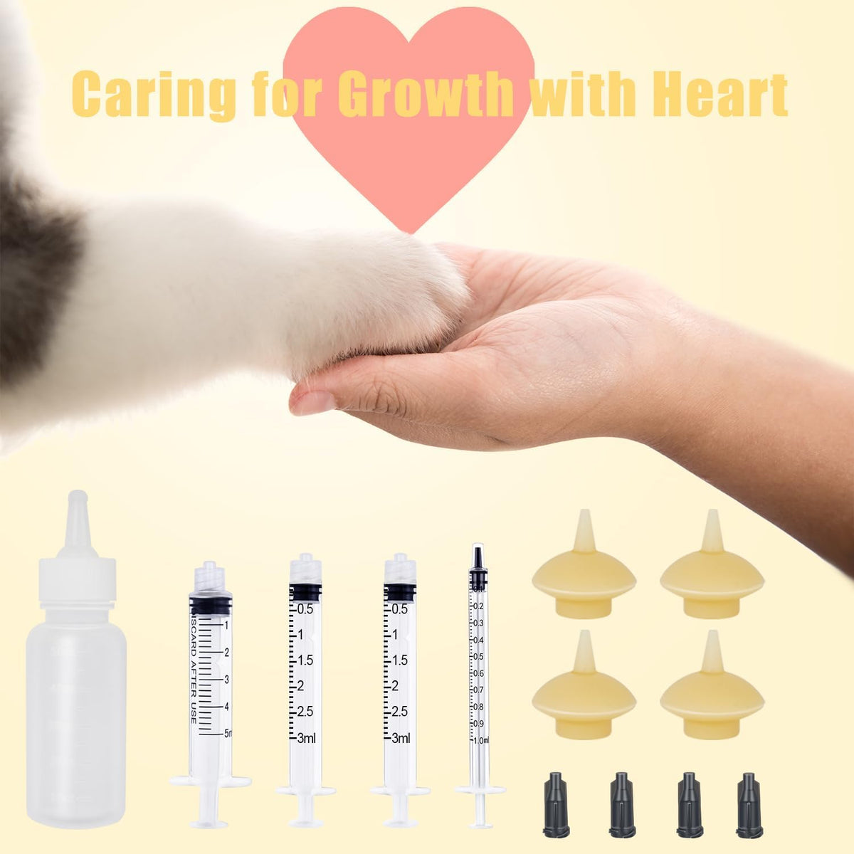 Side profile of the transparent pet feeding bottle and replacement nipples.
