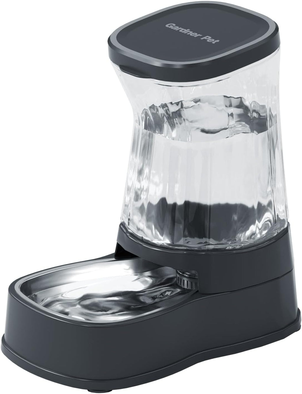 A medium-sized dog drinking comfortably from the stable Gardner Pet stainless steel automatic water bowl.