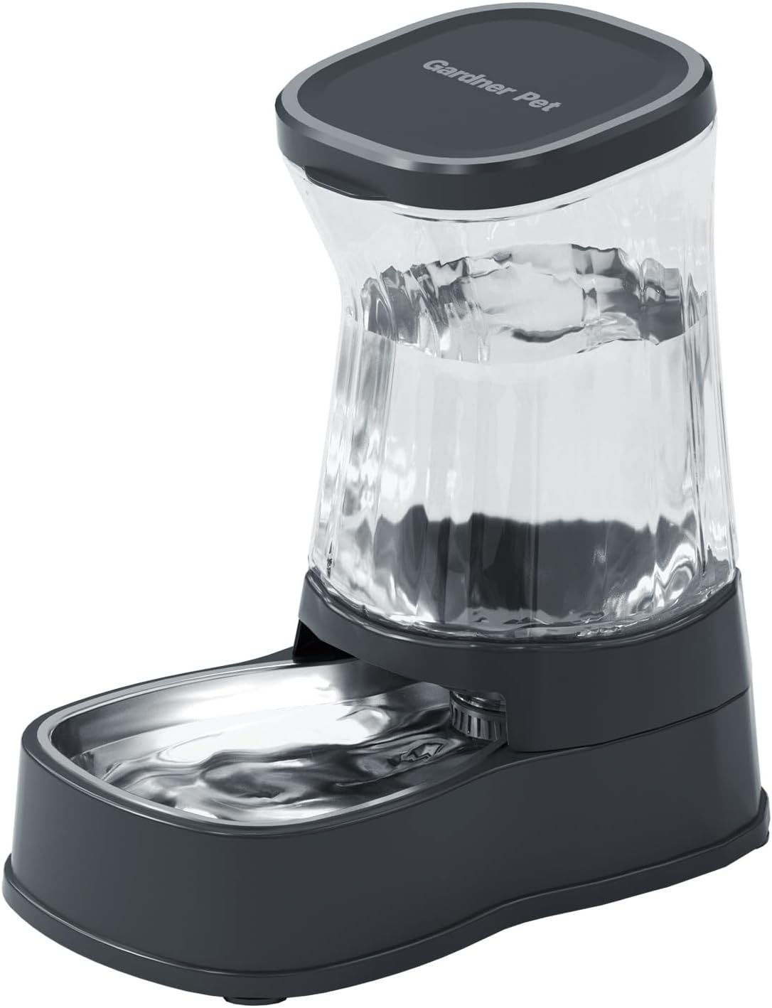 A medium-sized dog drinking comfortably from the stable Gardner Pet stainless steel automatic water bowl.