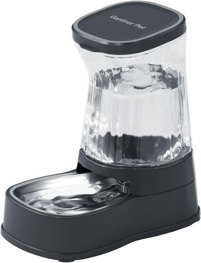 A medium-sized dog drinking comfortably from the stable Gardner Pet stainless steel automatic water bowl.