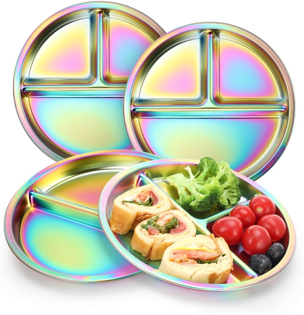 Aieve stainless steel kids divided plates four pack front view