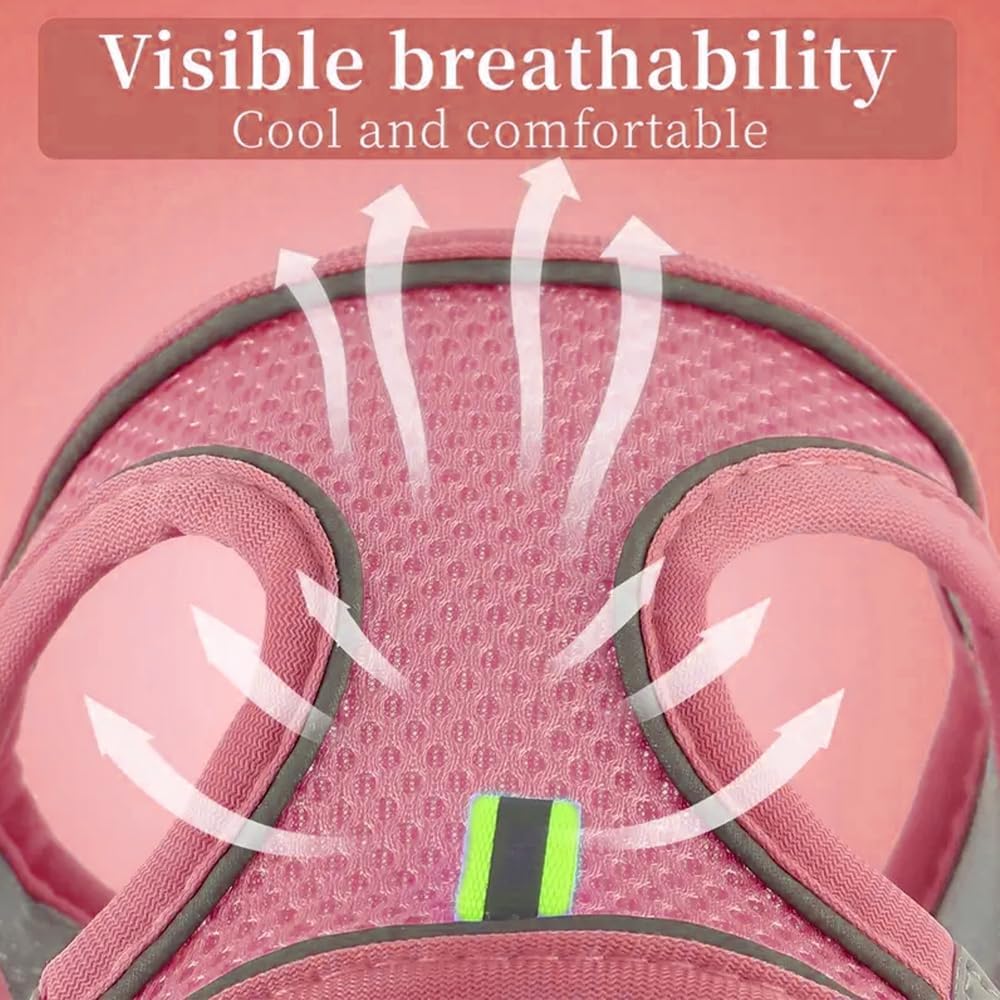 Reflective piping detail on pink pet vest harness for visibility