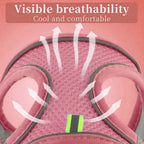Reflective piping detail on pink pet vest harness for visibility