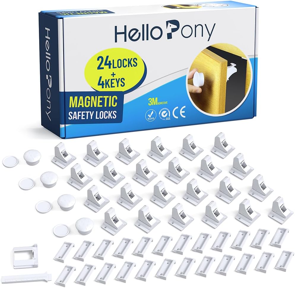 HELLOPONY upgraded magnetic cabinet locks front view displaying the complete child safety kit components