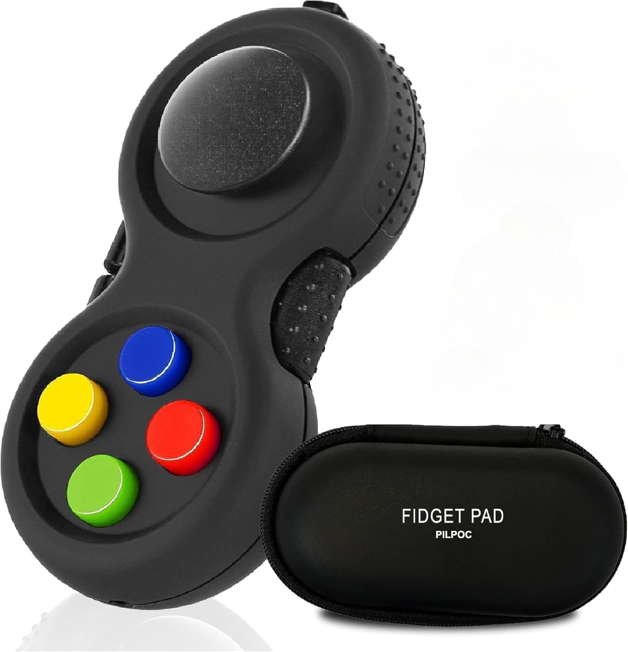 Pilpoc Fidget Pad black controller front view showing tactile buttons and joystick