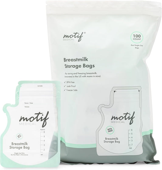 Motif Medical breastmilk storage bags 100 count front packaging view