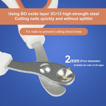 Vesslam stainless steel animal clippers being used gently on a small cat paw.