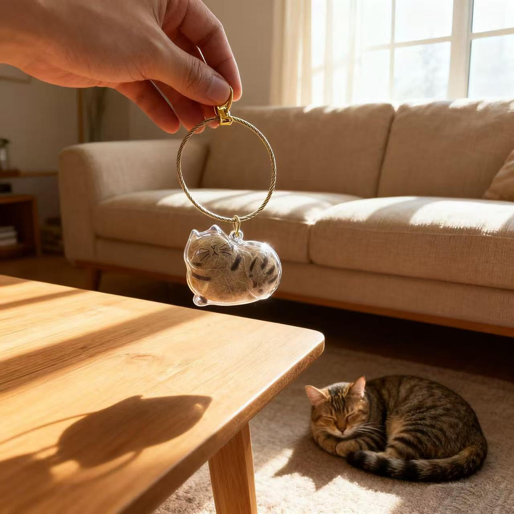 Transparent dog fur keepsake container hanging from a silver keyring structure