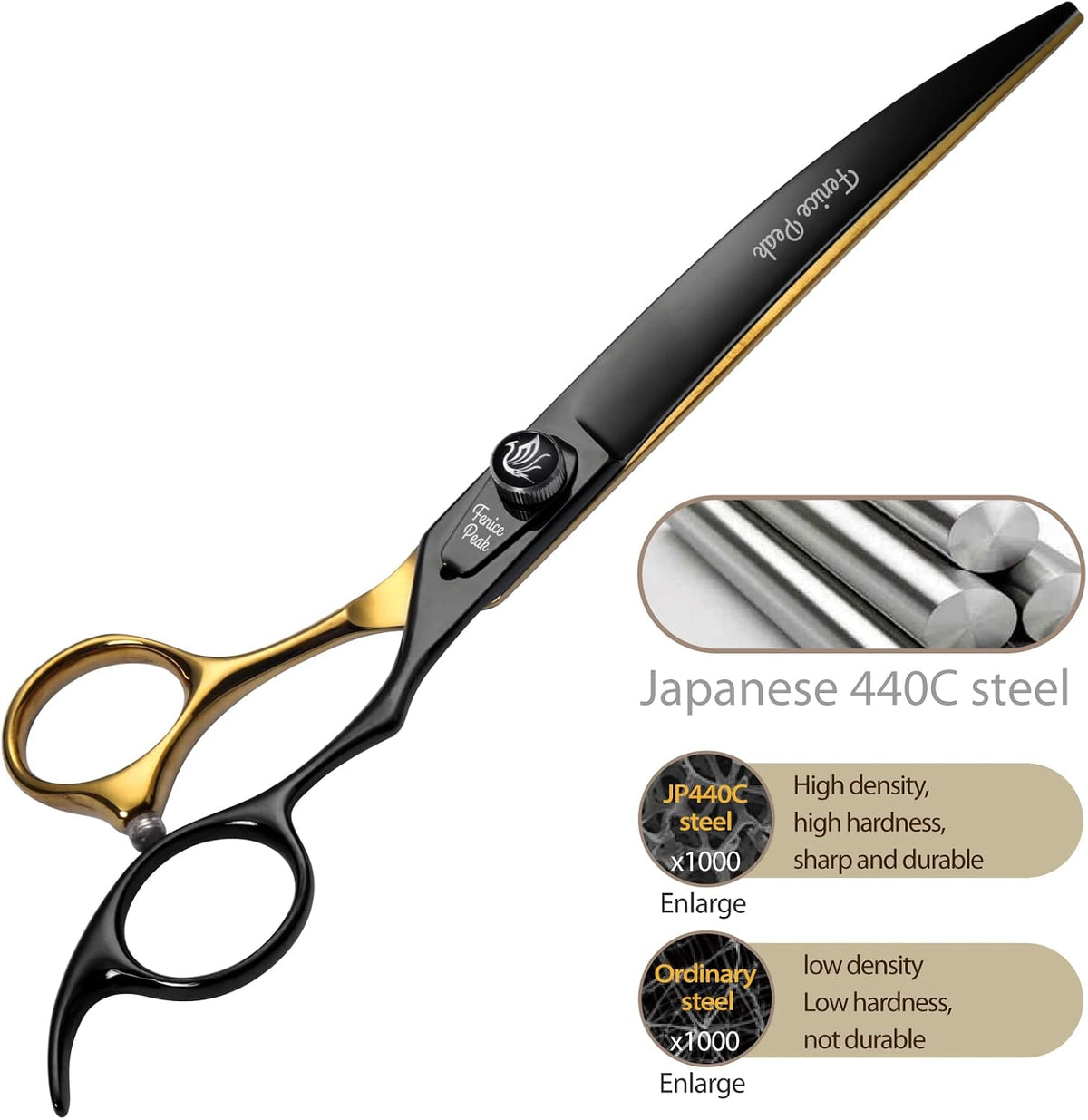 Authentic USA imported Fenice Peak pet grooming scissors displayed open on a flat surface