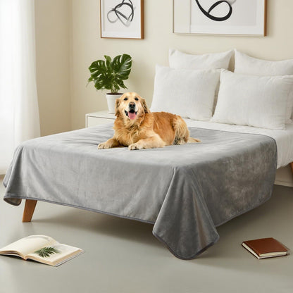 Premium imported USA pet blanket spread wide across a modern living room sofa bed