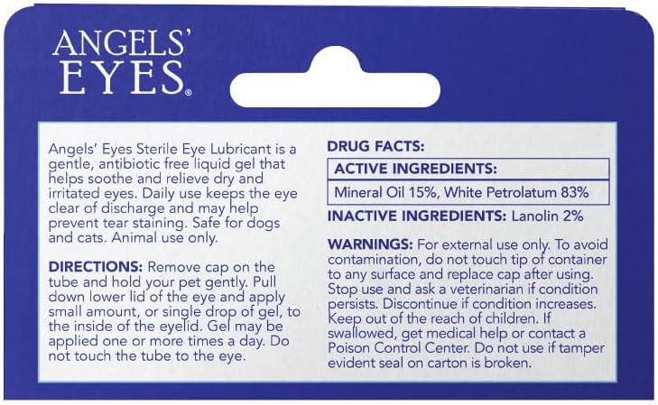 Angels' Eyes ophthalmic gel tube showing application directions for dogs and cats.