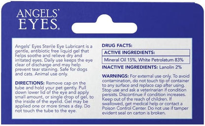 Angels' Eyes ophthalmic gel tube showing application directions for dogs and cats.