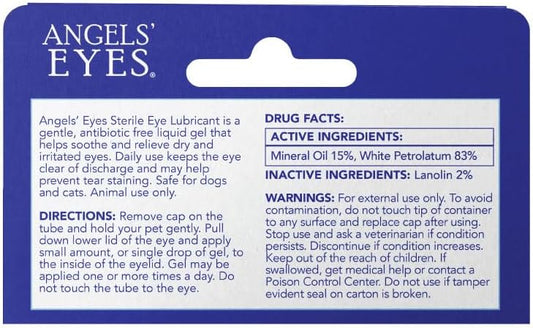 Angels' Eyes ophthalmic gel tube showing application directions for dogs and cats.