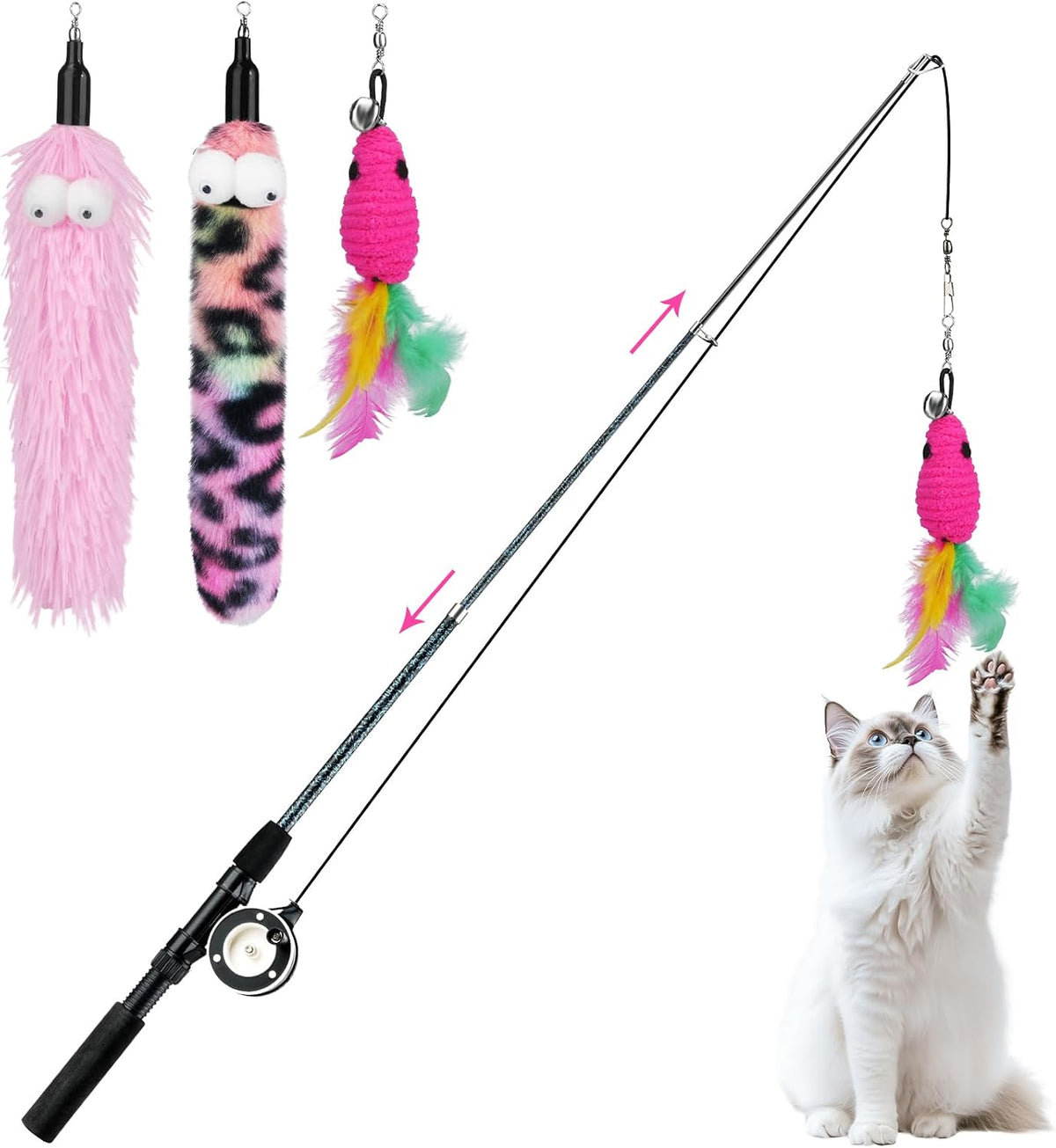 Pawaboo Cat Feather Toys, 4 Pack Interactive Cat feather Teaser Wand Toys, Retractable Fishing Pole Wand Catcher Exerciser with Refill Fish, Dragonfly Worm with Bells, Fun Cat Kitten Kitty Playing Toy - Image 10
