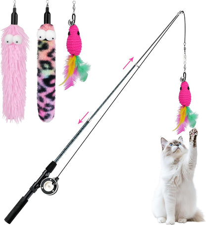 Pawaboo Cat Feather Toys, 4 Pack Interactive Cat feather Teaser Wand Toys, Retractable Fishing Pole Wand Catcher Exerciser with Refill Fish, Dragonfly Worm with Bells, Fun Cat Kitten Kitty Playing Toy - Image 10