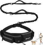 Puppalace hands free dog leash front view showing the black waist pack and dual metal clips.
