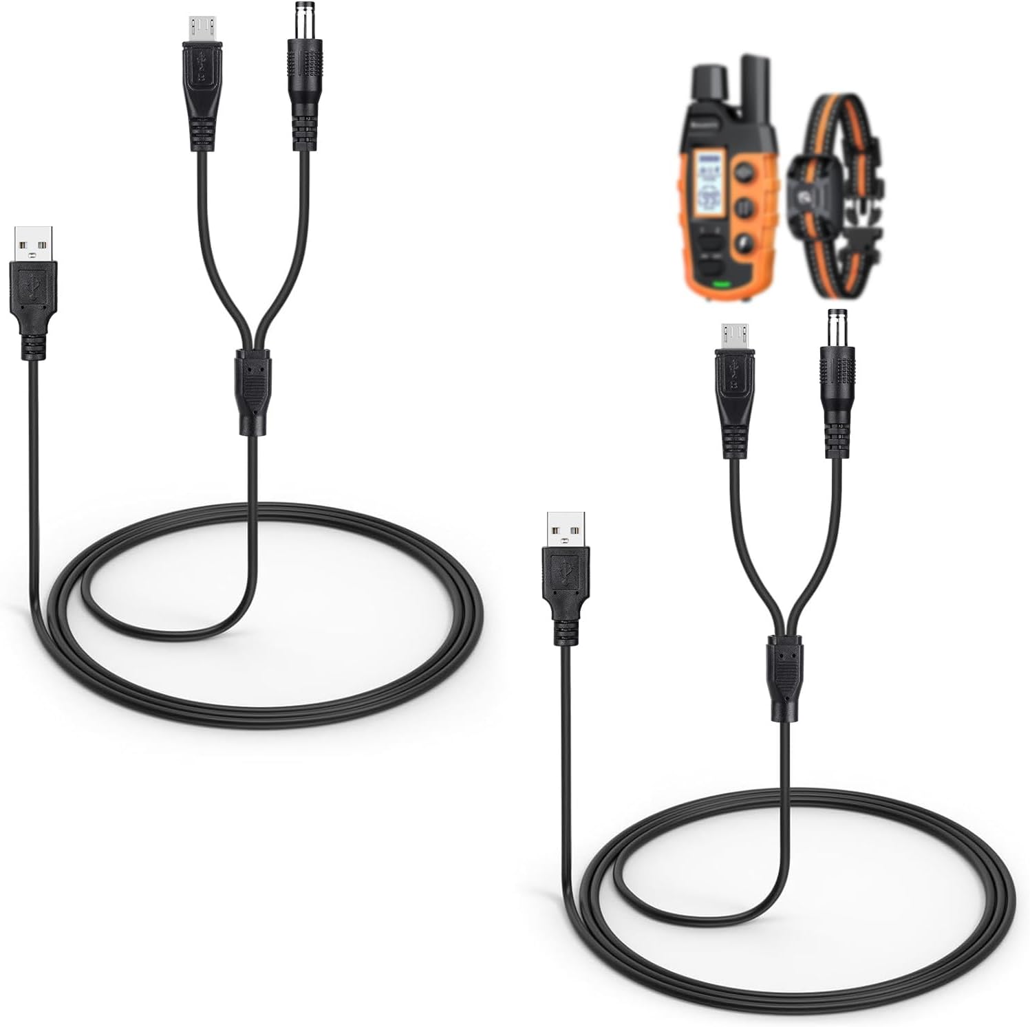 YEAOI 2-pack charger cord for Bousnic dog collar front view displaying the dual micro USB and DC connector tips.