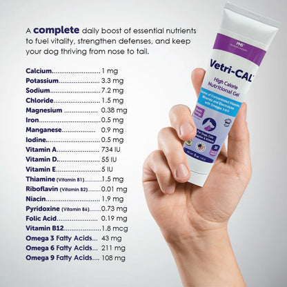 Vetri-CAL dog and cat vitamin gel tube shown from top angle
