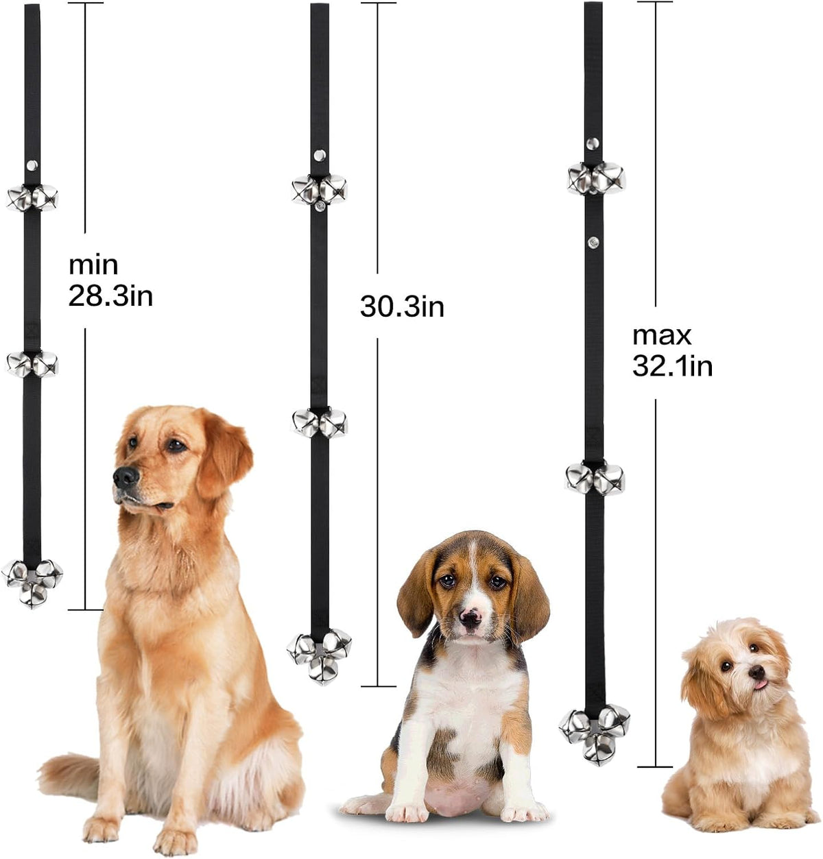 Close up of Kabuda pet bells on a durable nylon strap