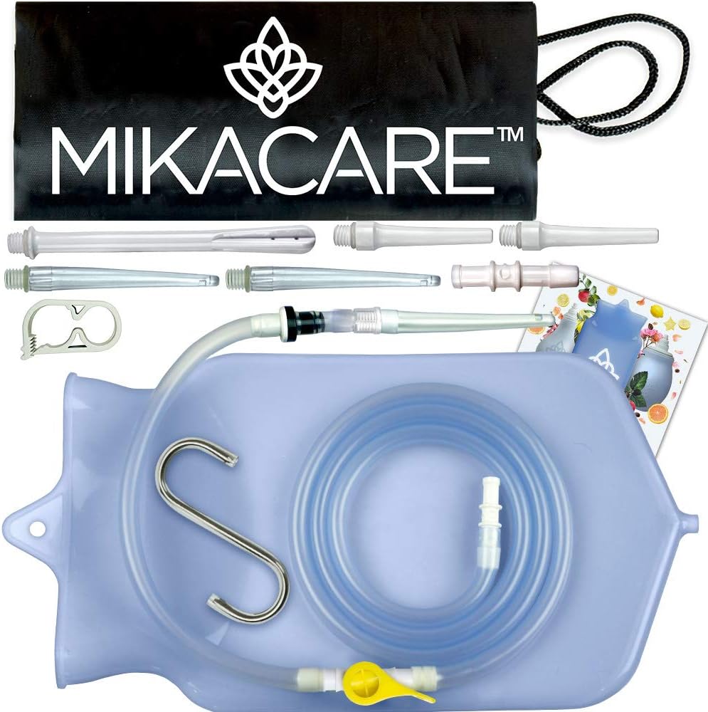 Mikacare Enema Bag Kit front view showing 2 quart clear silicone bag and metal hook.