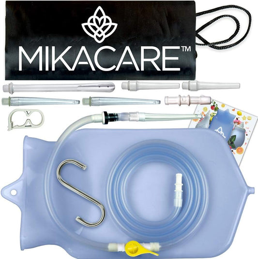 Mikacare Enema Bag Kit front view showing 2 quart clear silicone bag and metal hook.