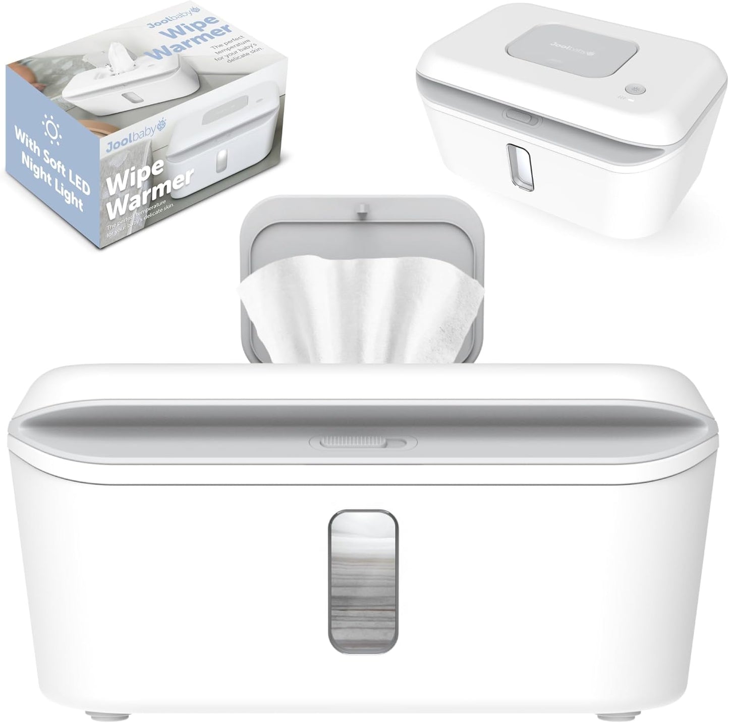Jool Baby Wipe Warmer and Dispenser front view with LED light on