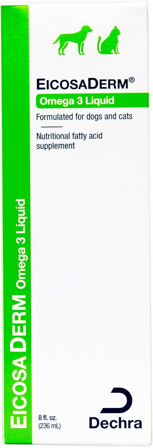 Dechra EicosaDerm Omega 3 fish oil showing the easy-dose pump dispenser