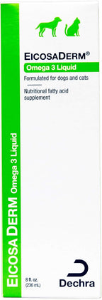 Dechra EicosaDerm Omega 3 fish oil showing the easy-dose pump dispenser