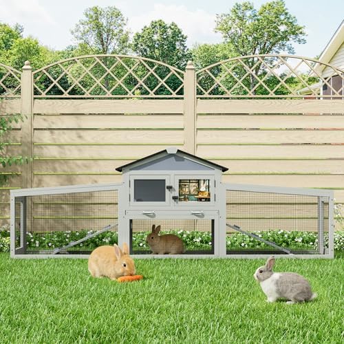 COZIWOW Large 92IN Outdoor Rabbit Hutch with 3 Run Boxes, Weatherproof Bunny Cage with Asphalt Roof & Sunlight Panels, Hands-Free Clean Tray & Metal Wire Mesh, 2-Tier Rest & for 2-3 Rabbits, Grey - Image 2
