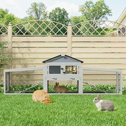 COZIWOW Large 92IN Outdoor Rabbit Hutch with 3 Run Boxes, Weatherproof Bunny Cage with Asphalt Roof & Sunlight Panels, Hands-Free Clean Tray & Metal Wire Mesh, 2-Tier Rest & for 2-3 Rabbits, Grey - Image 2