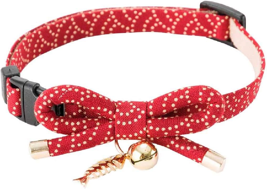 Necoichi red cat collar showing japanese dot pattern and bow tie