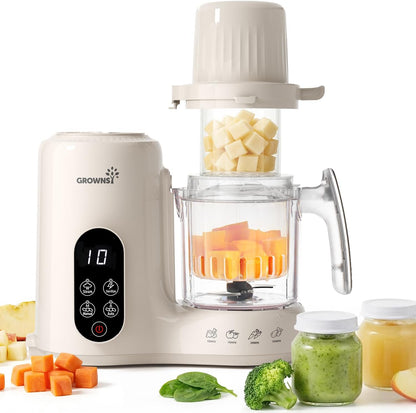 Grownsy Baby Food Maker front view in cream color with digital display panel.