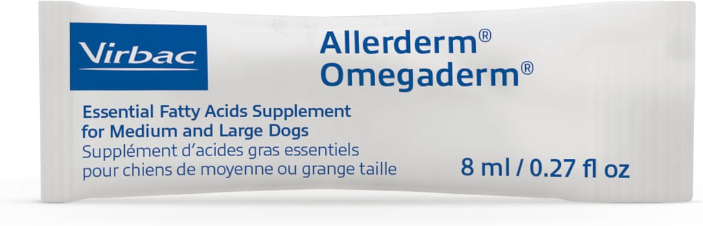 Premium USA-imported Virbac skin and coat liquid packets being poured onto dog food for allergy relief.