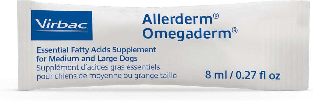 Premium USA-imported Virbac skin and coat liquid packets being poured onto dog food for allergy relief.
