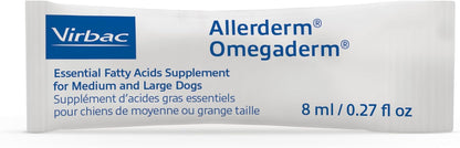 Premium USA-imported Virbac skin and coat liquid packets being poured onto dog food for allergy relief.